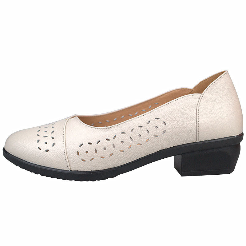 孚德夏季新款牛皮圆头女鞋打孔四季舒适中跟洞洞鞋