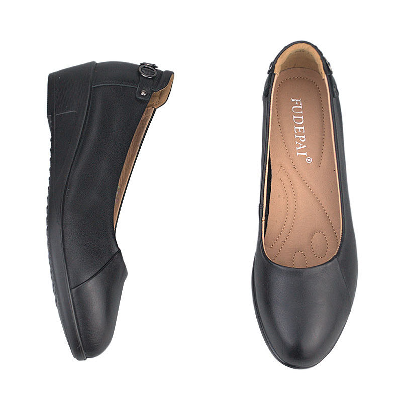 孚德皮鞋春秋新款牛皮圆头浅口女鞋坡跟通勤单鞋
