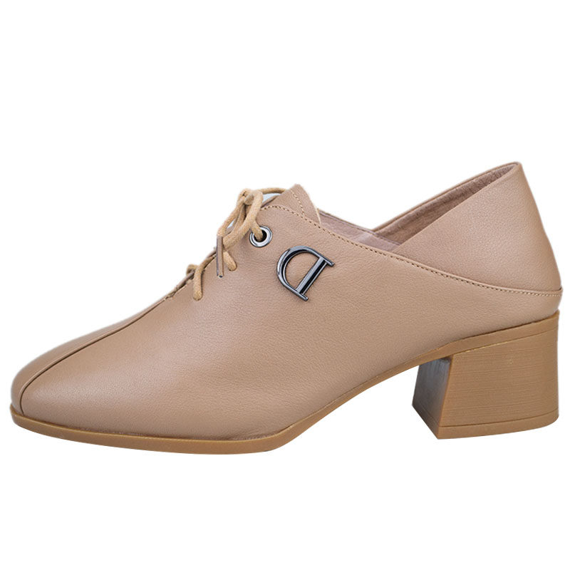 孚德皮鞋春秋新款牛皮方头系带女鞋舒适百搭单鞋