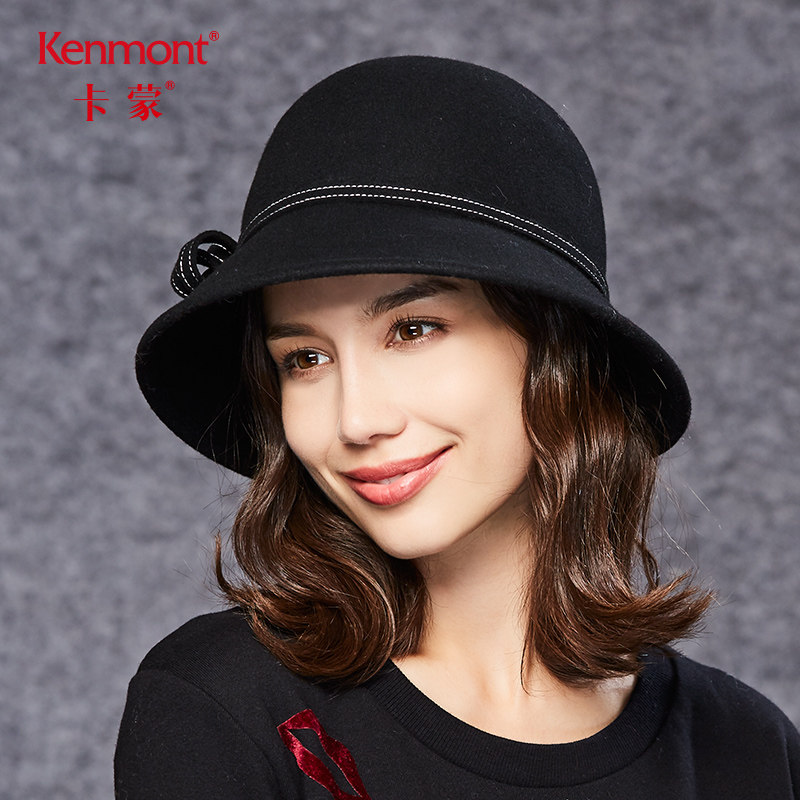 kenmont卡蒙女士帽子秋冬时尚新款盆帽韩版潮百搭大檐羊毛呢礼帽