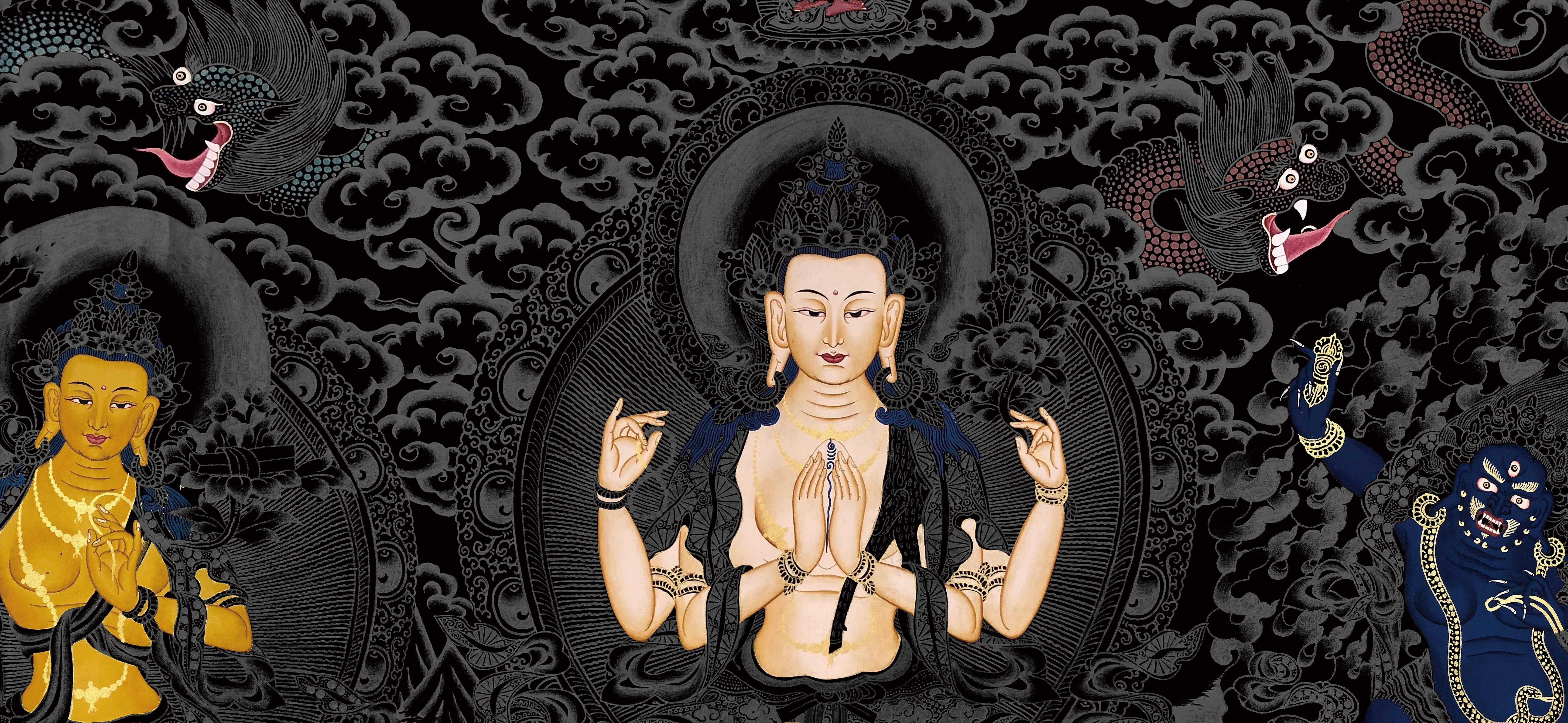 菩萨雪域三怙四臂观音文殊金刚diy描金唐卡diy