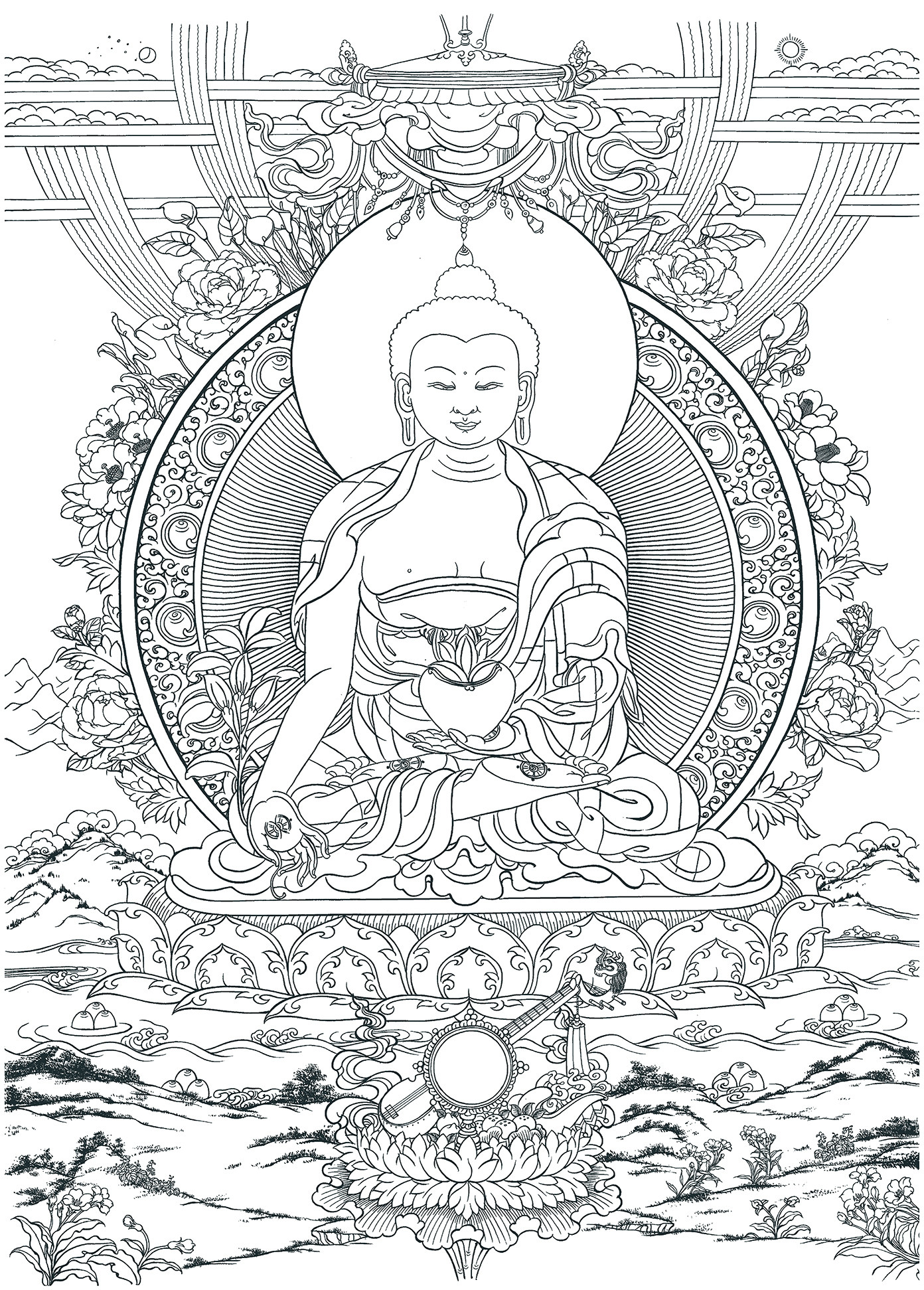 药师佛像填色手绘diy线稿涂色静心减压佛描diy