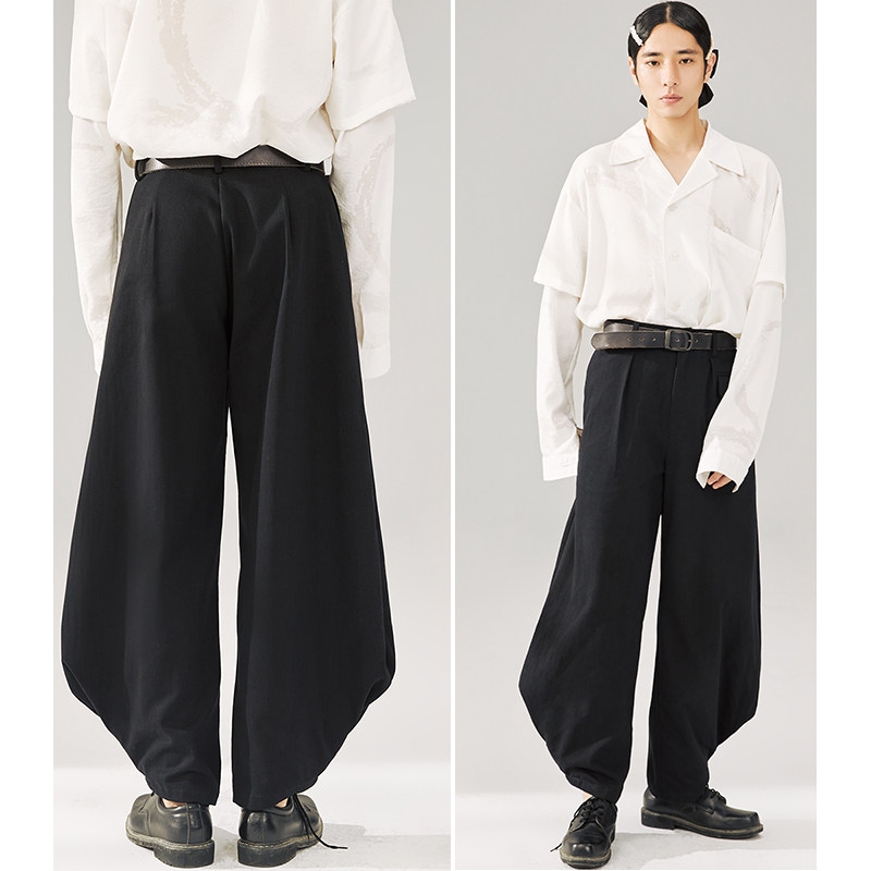 本相织物黑色不规则剑道长裤个性阔腿束脚裤宽松休闲裤