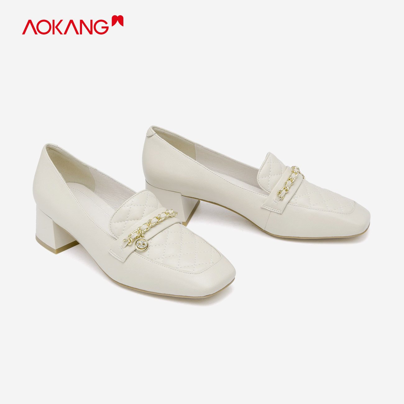 奥康女鞋春季新款羊皮乐福方头中跟方格复古单鞋