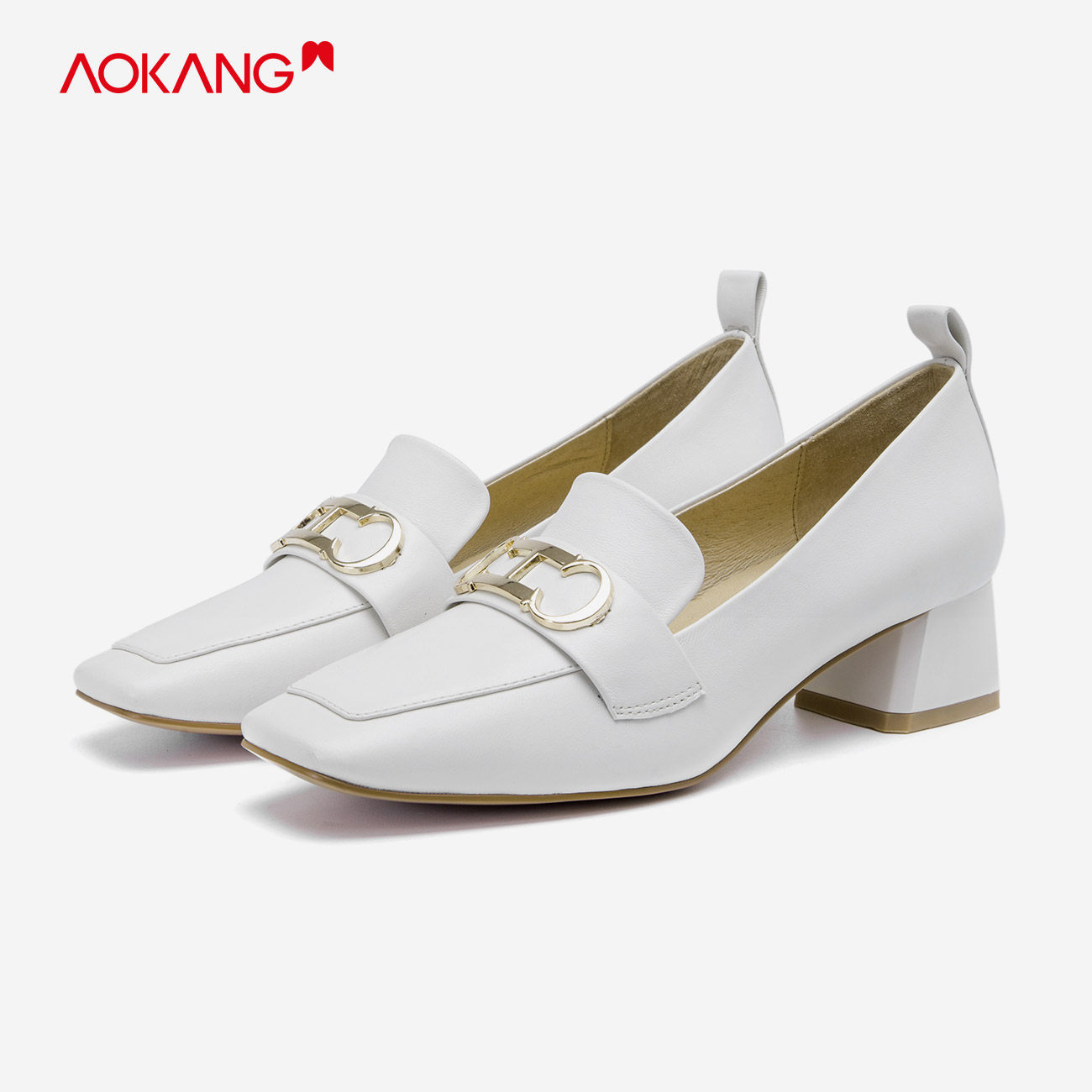 奥康女鞋春季新款方头羊皮跟单复古中跟皮鞋单鞋