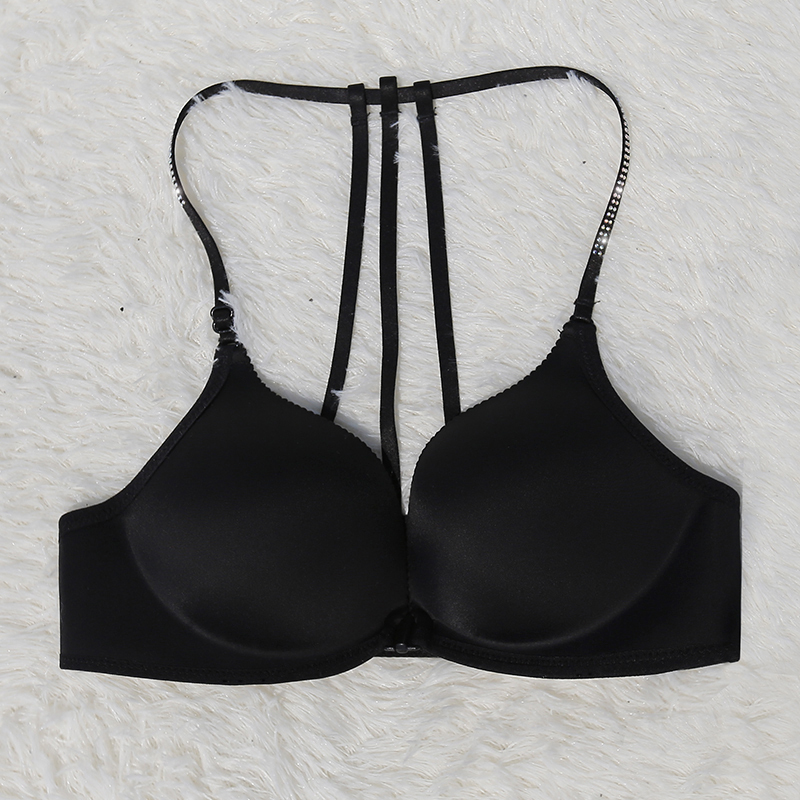 细带美背文胸挂脖式无钢圈聚拢小胸加厚防下垂胸罩带钻前扣内衣女