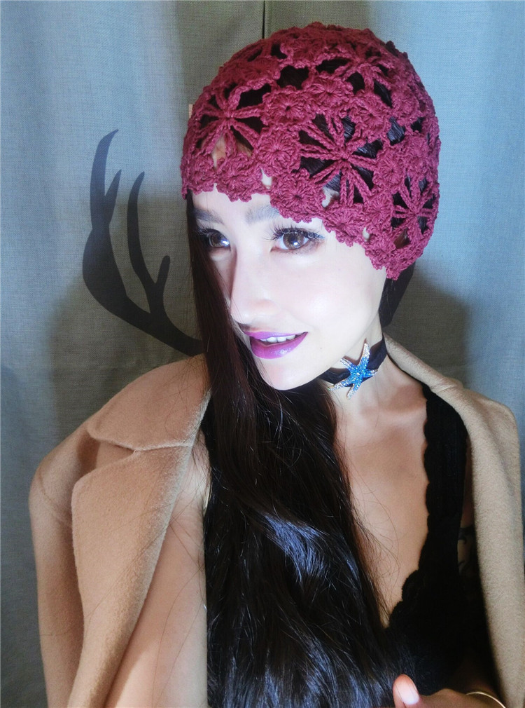 新款手工编织棉线镂空薄帽春夏帽透气针织女帽镂空头巾帽包头帽子