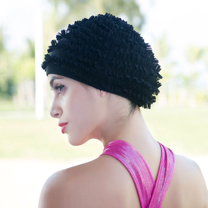 不紧游泳帽女士专用时尚褶皱木耳耳边舒适布料泳帽