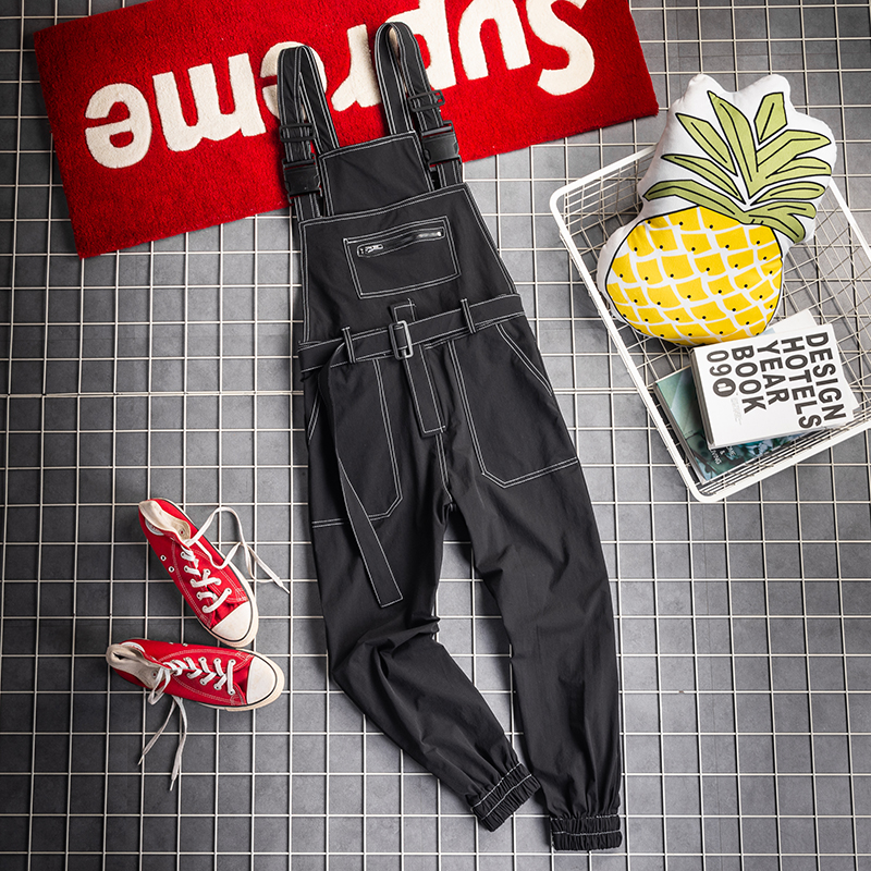 日系复古潮流时尚韩版工装背带裤男女嘻哈百搭宽松吊带连体束脚裤