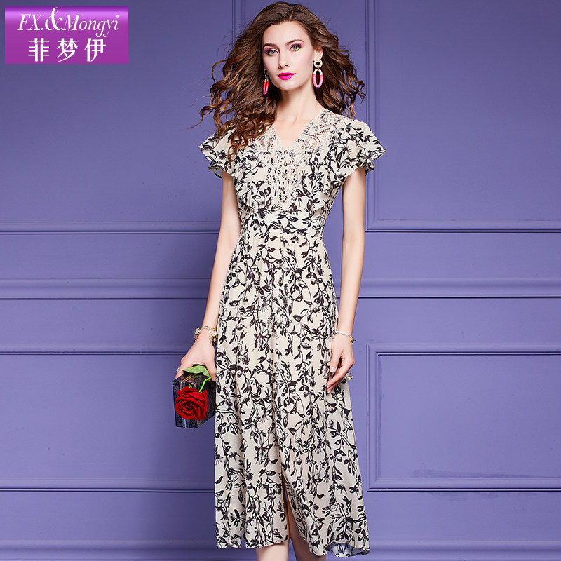 菲梦伊双绉真丝连衣裙夏季年轻洋气时尚印花显瘦连衣裙