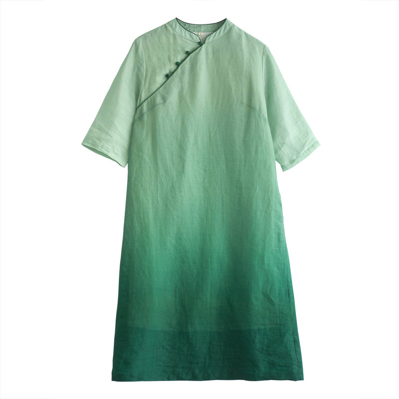 江南原创苎麻吊染气质旗袍通勤显瘦复古棉麻连衣裙