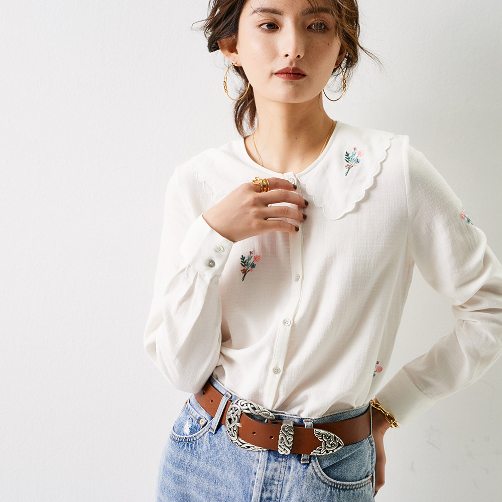 现货20年早春法式小众复古小清新花边翻领刺绣纯棉长袖直筒衬衫女