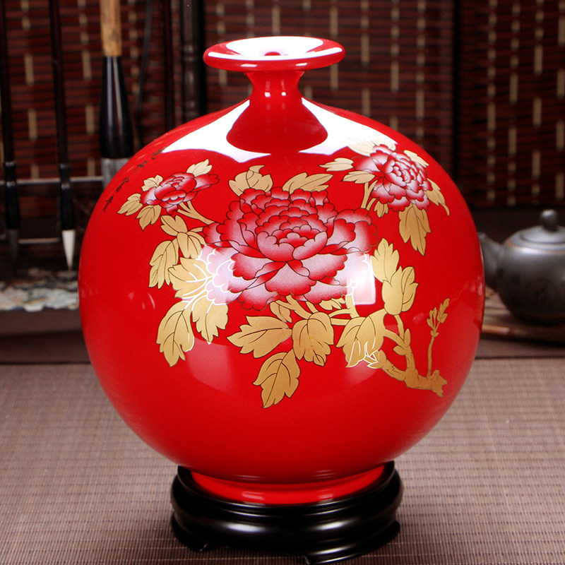 德化富贵红陶瓷摆件花瓶中国红天地方圆纯红瓶牡丹花瓶家居包邮