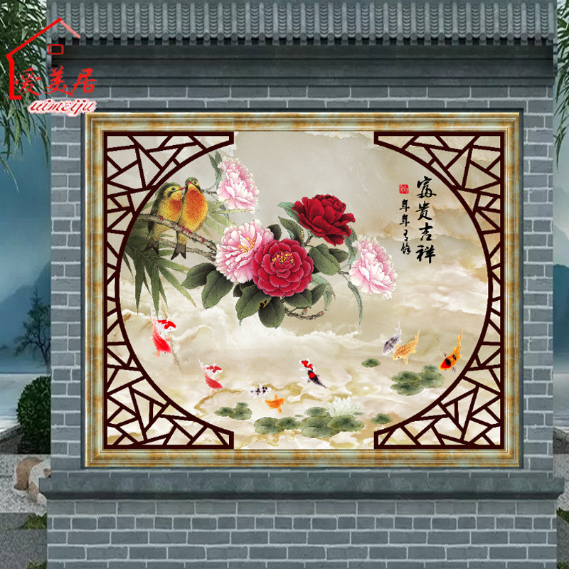 定制室外烧制瓷砖背景画影背墙庭院门墙牡丹花瓷砖背景墙