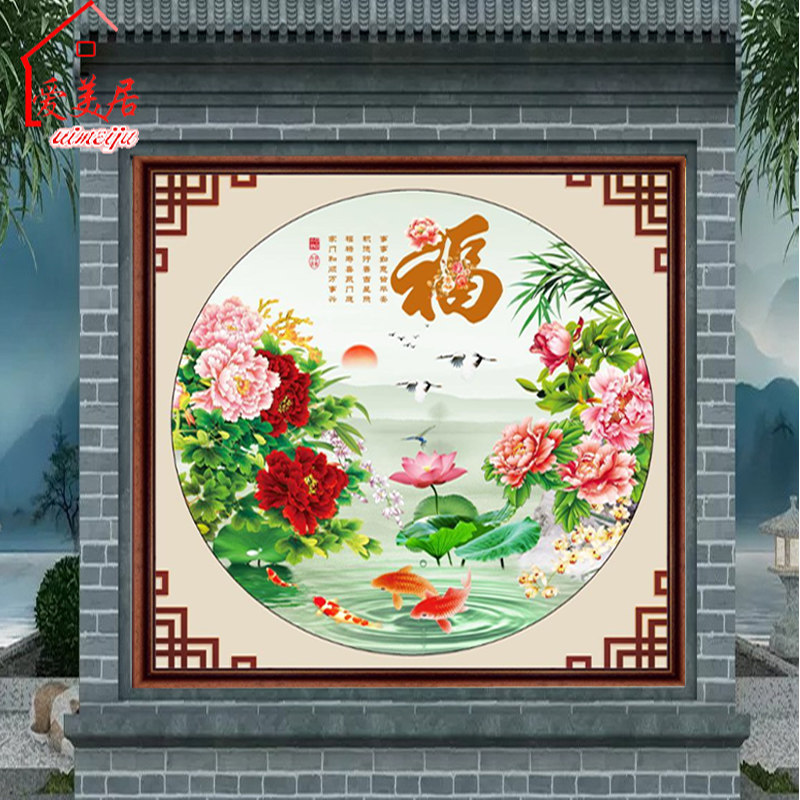 定制室外烧制瓷砖背景画影背墙庭院门墙牡丹花瓷砖背景墙