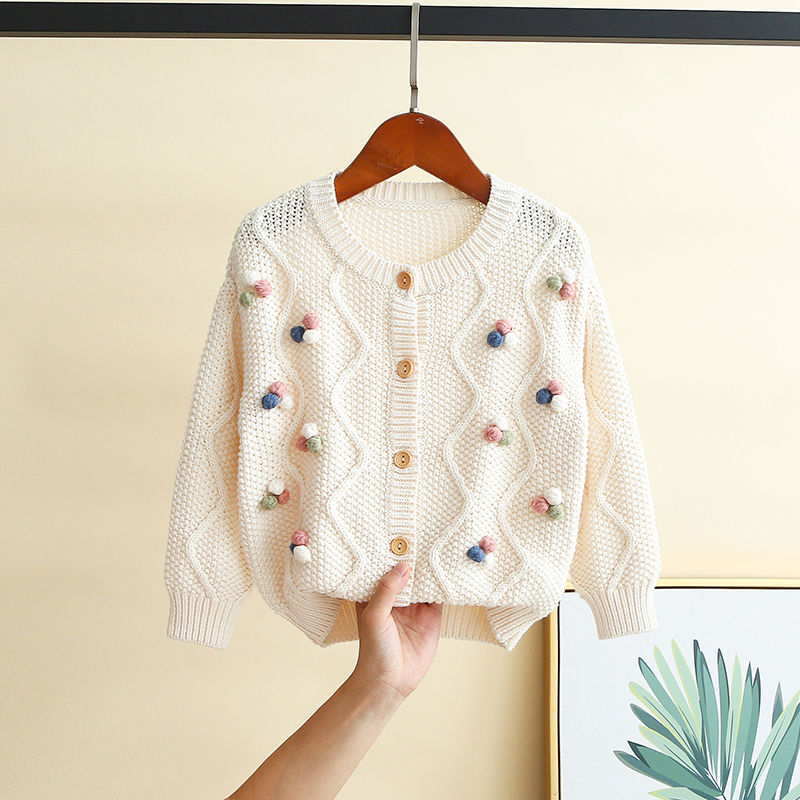 韩版童装女童纯棉手绣豆豆针织开衫毛衣儿童毛衣