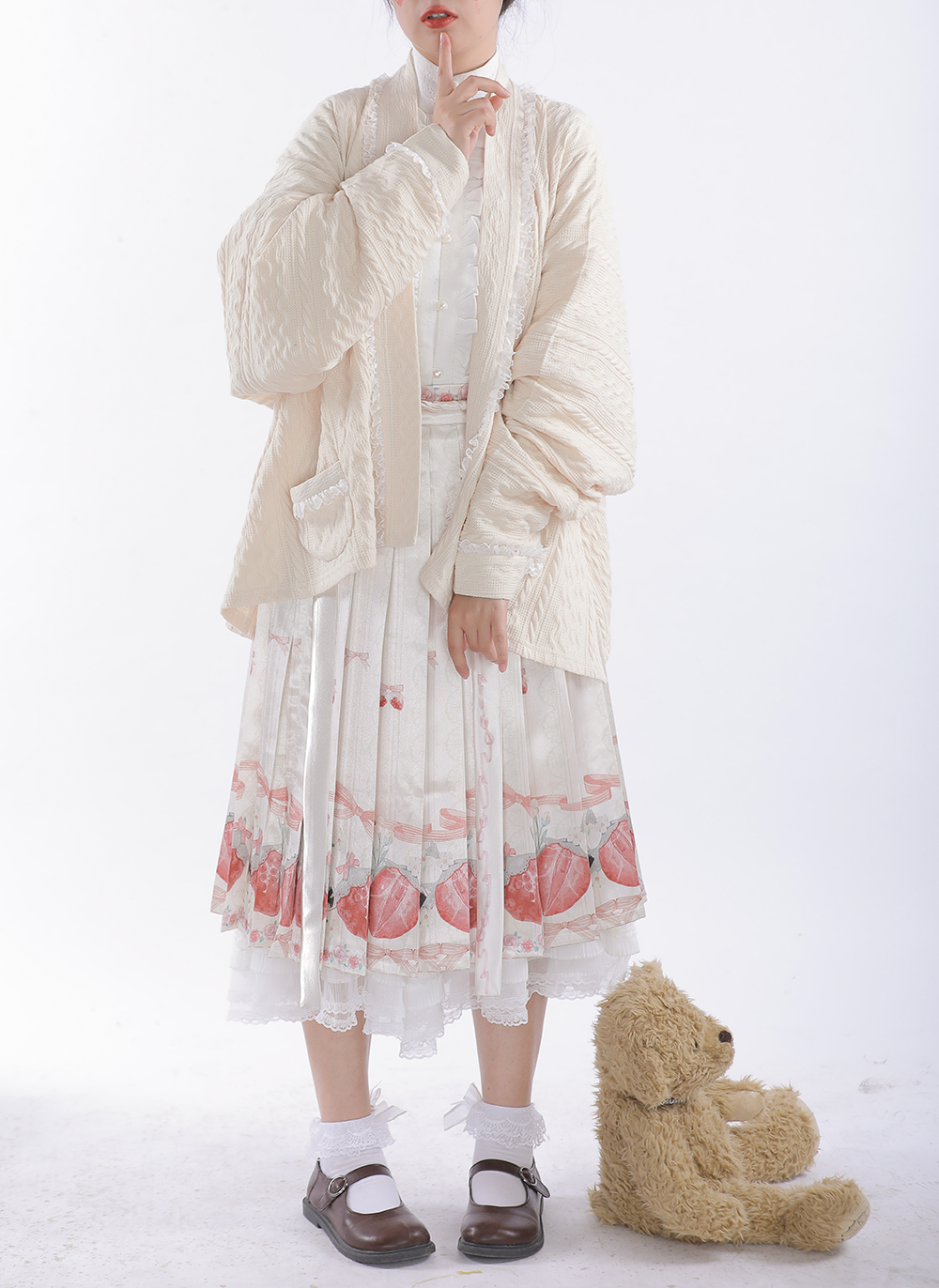 lo士多啤梨草莓印花明满褶裙中长长裙气汉汉洋汉服