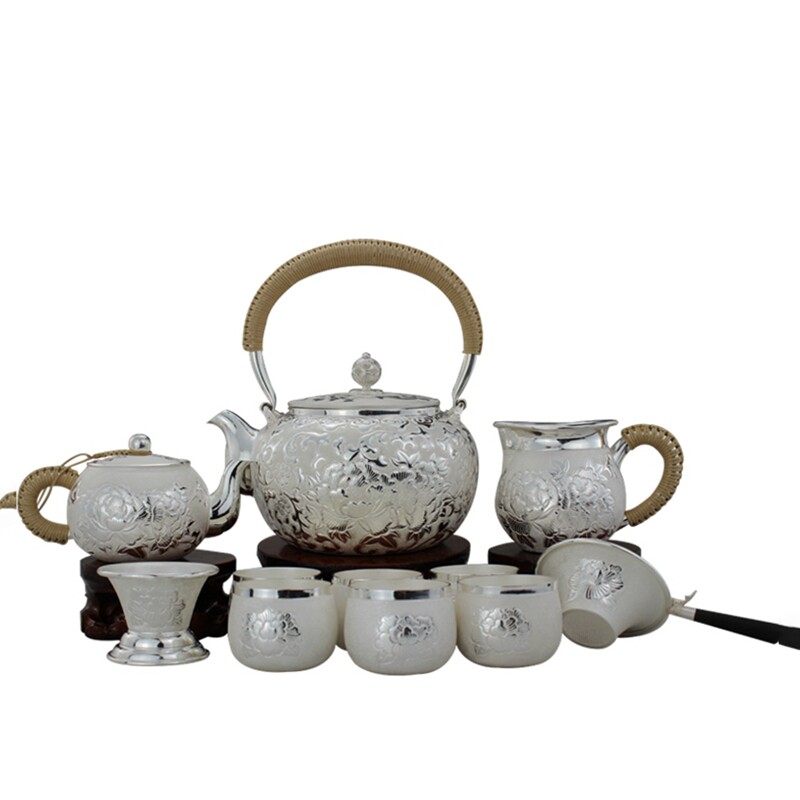 牡丹银壶纯银烧水壶一张雪花茶壶茶具套装家用整套茶具