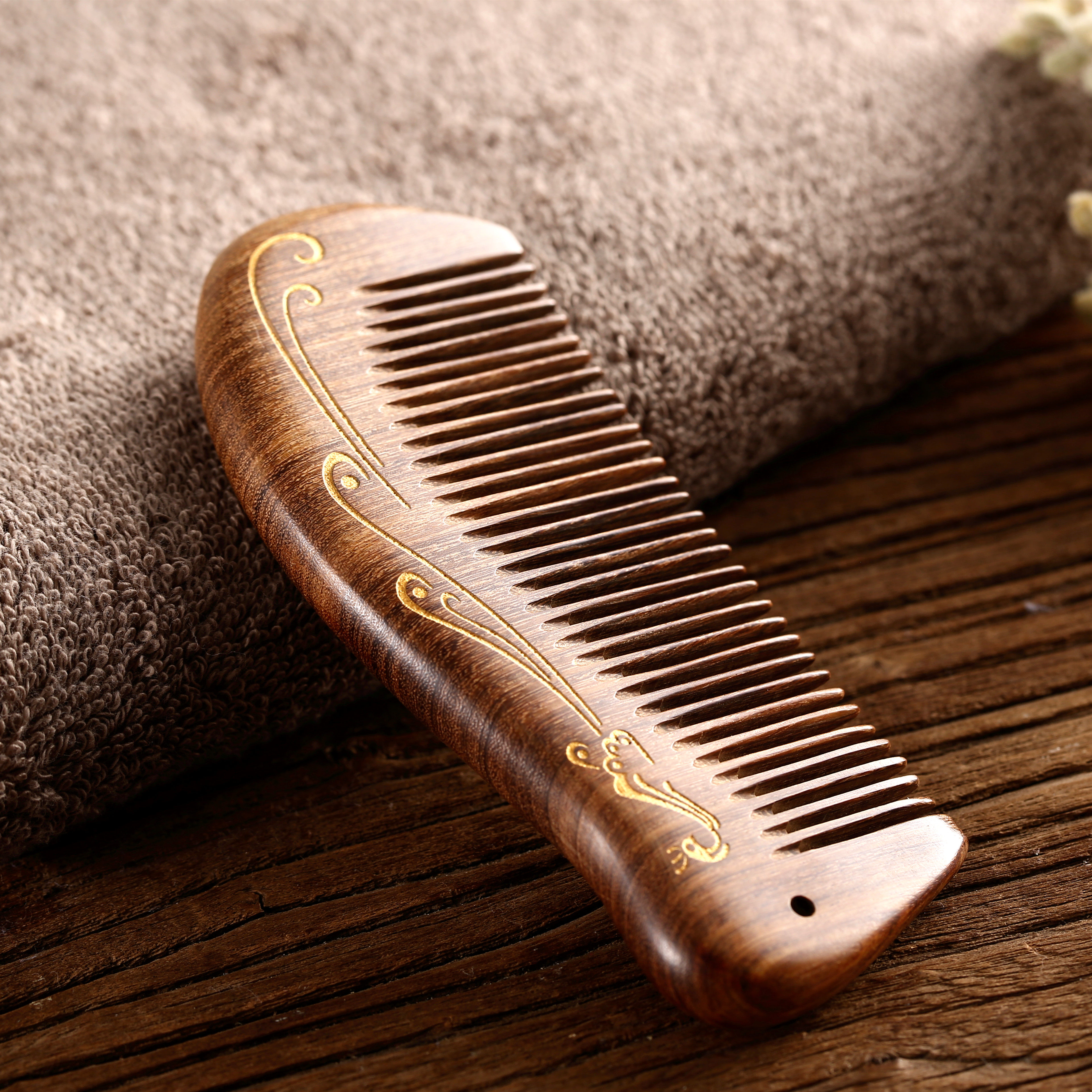 原木取材传统手工兰睫lunzur黑金孔雀防静电便携梳子