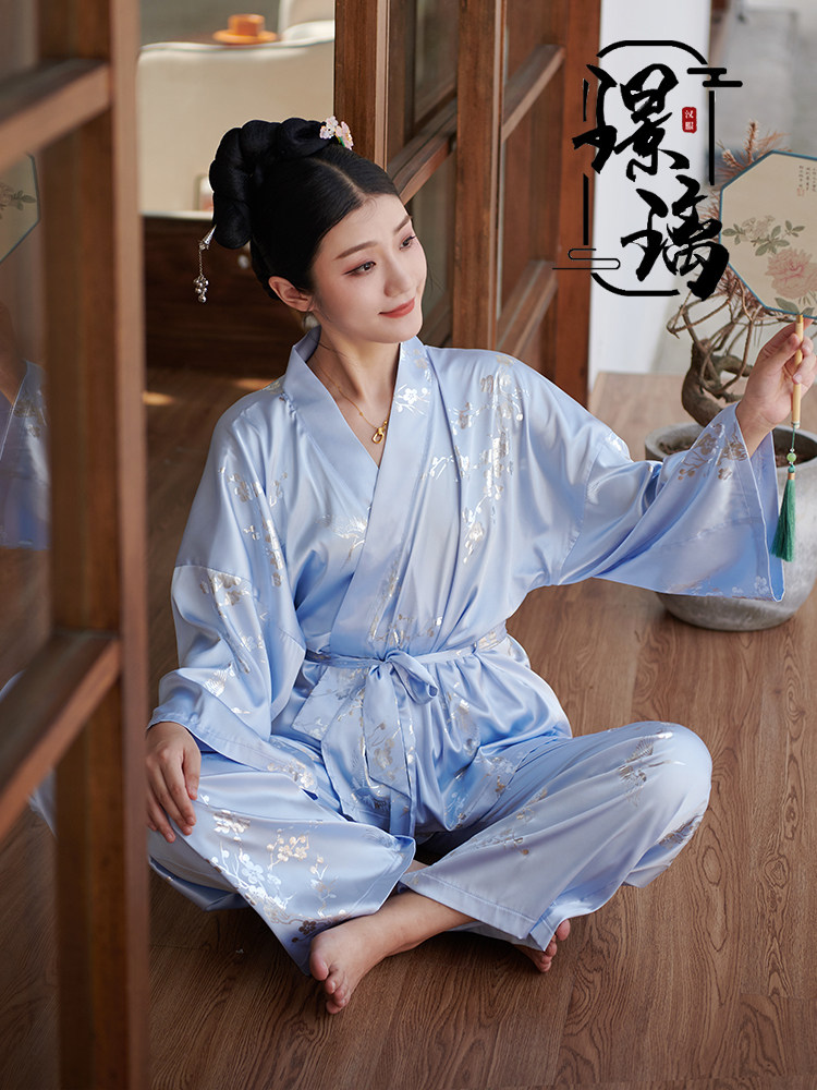 睡衣璟璃原创中国国风烫金春夏古风仿真真丝睡衣