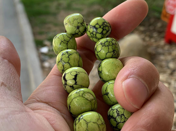 天然绿松松石菜籽黄老型手串男女款军绿高瓷绿黄色手链