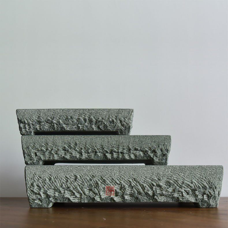 天然青石假山花盆吸水长方形无孔山水盆景浅盆花盆