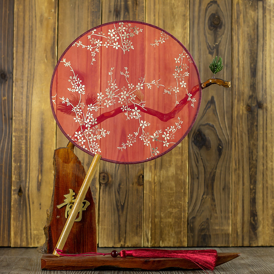 汉服流苏小团掌扇梅花烫金宫廷长柄古风圆形扇子