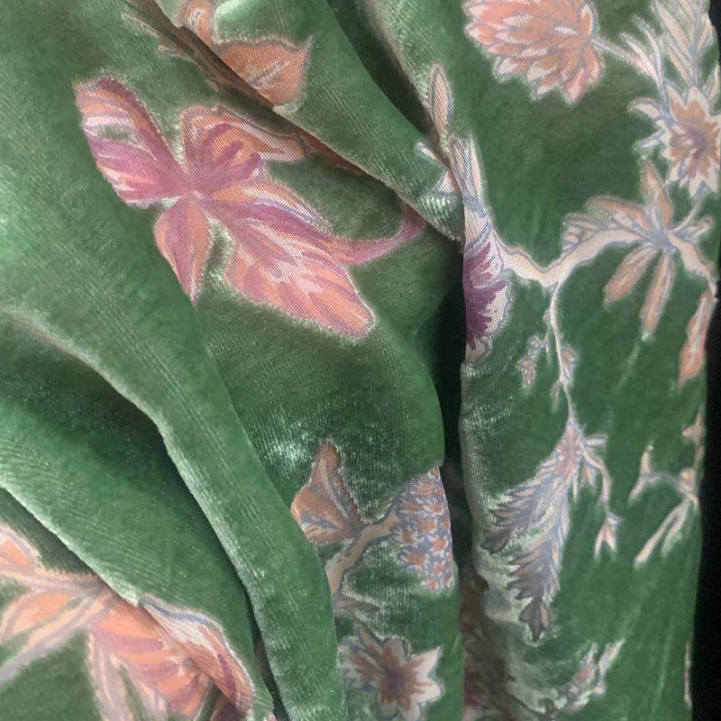 2021新款绿色真丝烂花绒桑蚕丝面料镂空金丝绒布面料