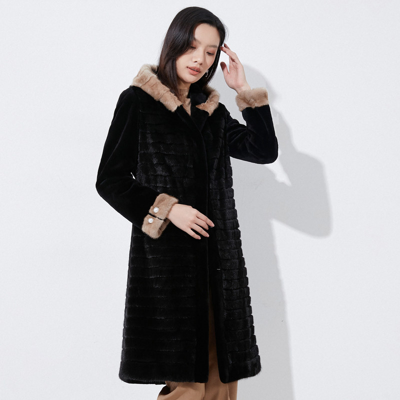 cadidl卡迪迪黛黑色连帽皮草外套2022冬季新款皮草