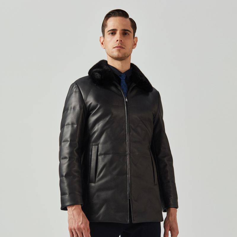 劲霸男装外套皮衣短款真皮机车时尚鸭绒秋冬白鸭绒皮衣