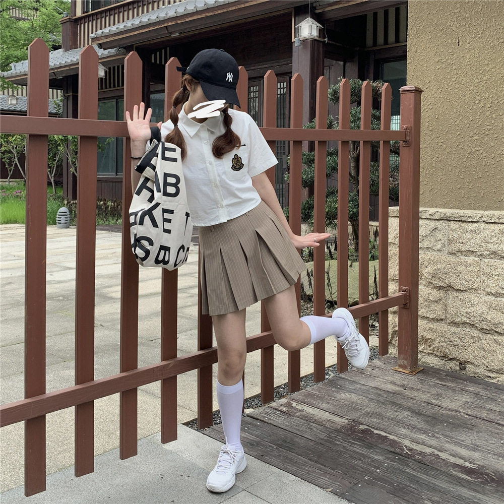 半身jk制服新款裙日学院风咖色条纹百褶裙短款jk