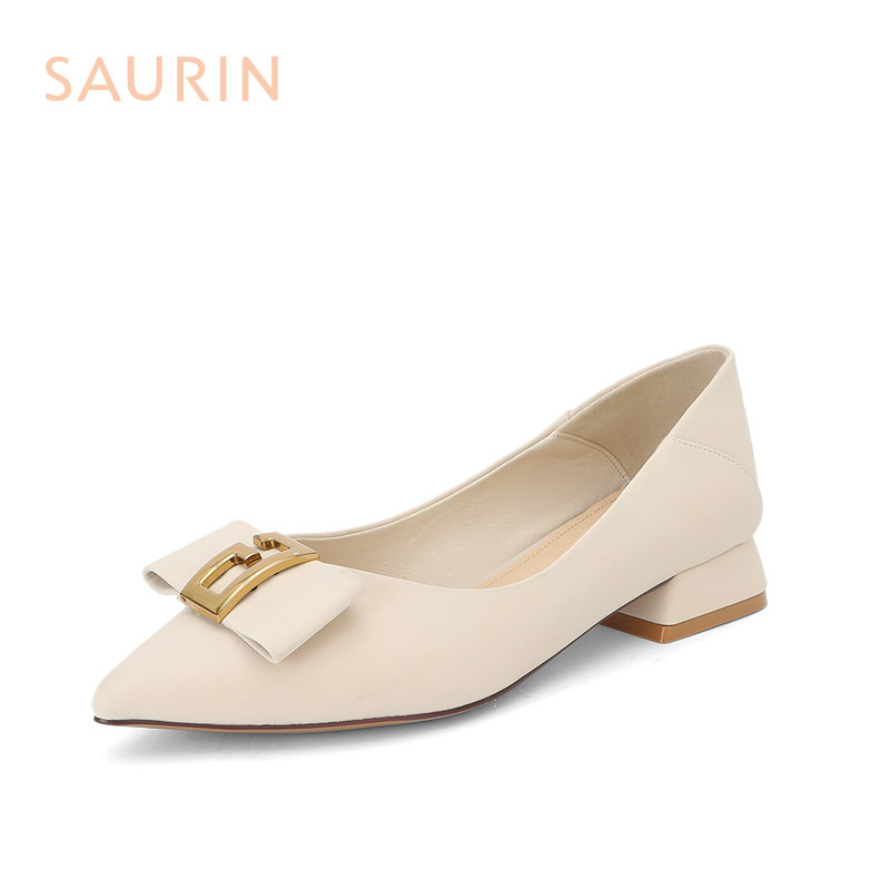 索兰女鞋2022春季优雅通勤尖头浅口金属蝴蝶结单鞋