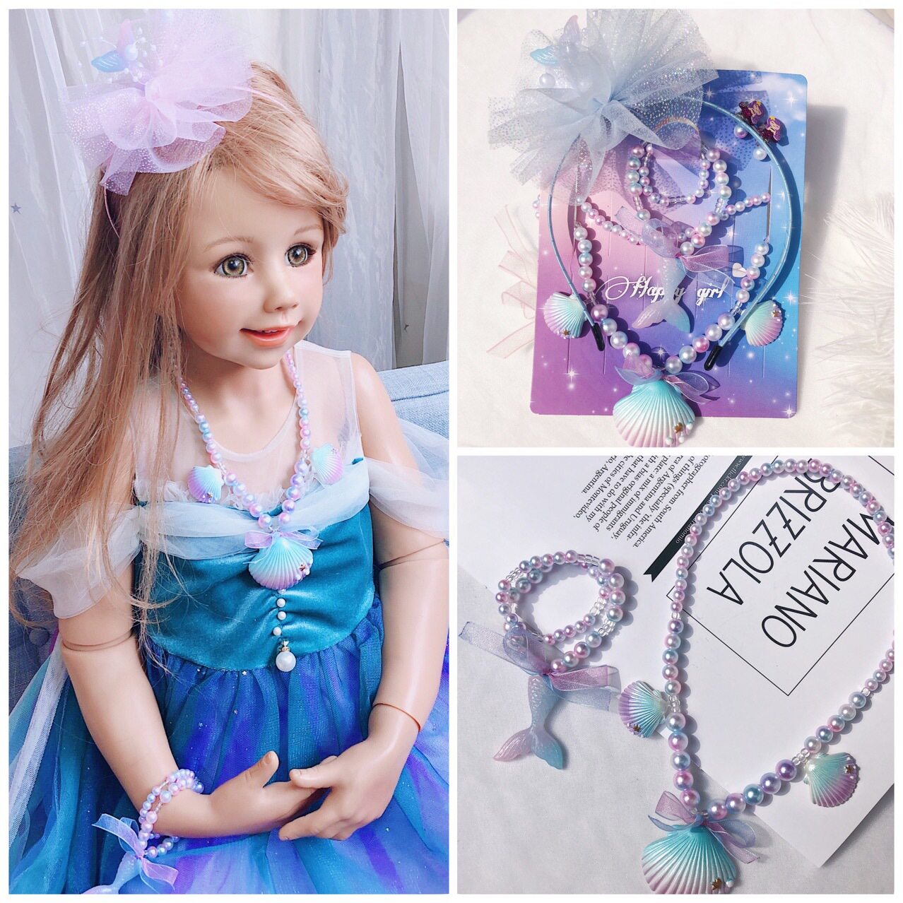 包邮儿童ins人鱼公主贝壳珠子项链手链女孩小朋友项链