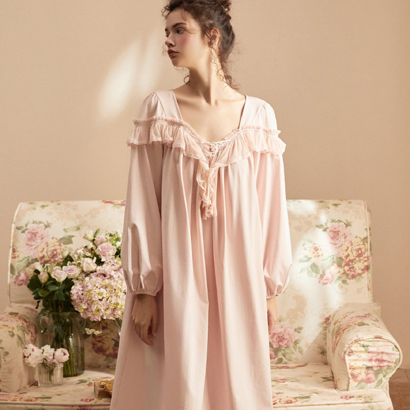 尘熙欧式仙女女裙纯色长款长袖睡裙女式复古睡裙