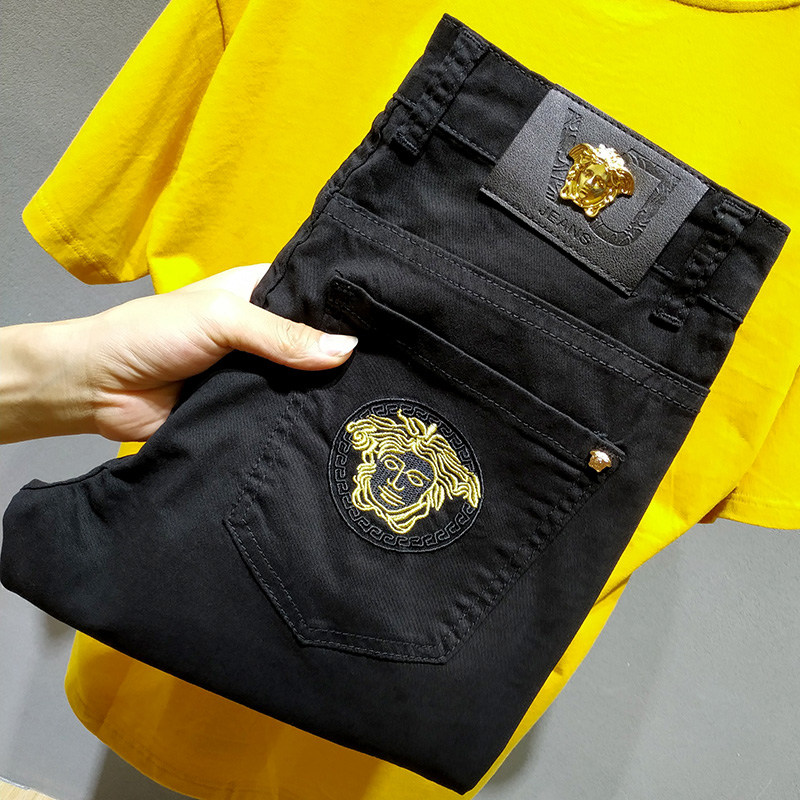 香港潮牌黑色牛仔裤男高端轻奢弹力2021新品秋冬款美杜莎直筒长裤