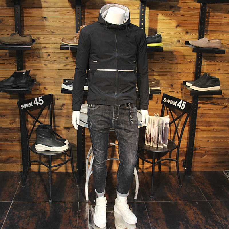 2021春秋装连帽男外套青年休闲修身简单净版纯色连帽夹克男上衣