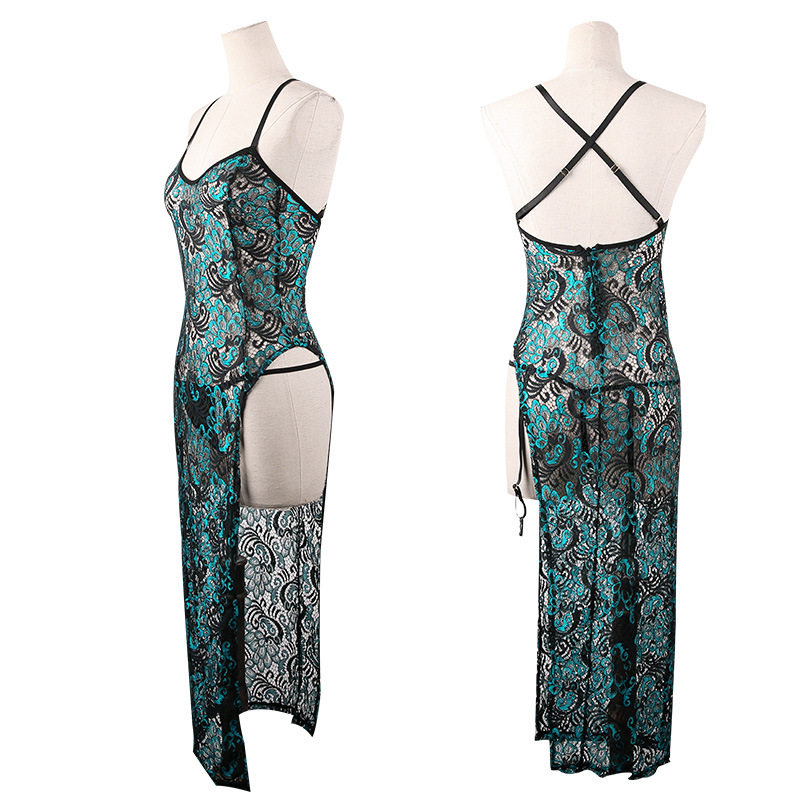 霏慕内衣女式性感孔雀透明睡裙长款蕾丝旗袍睡裙