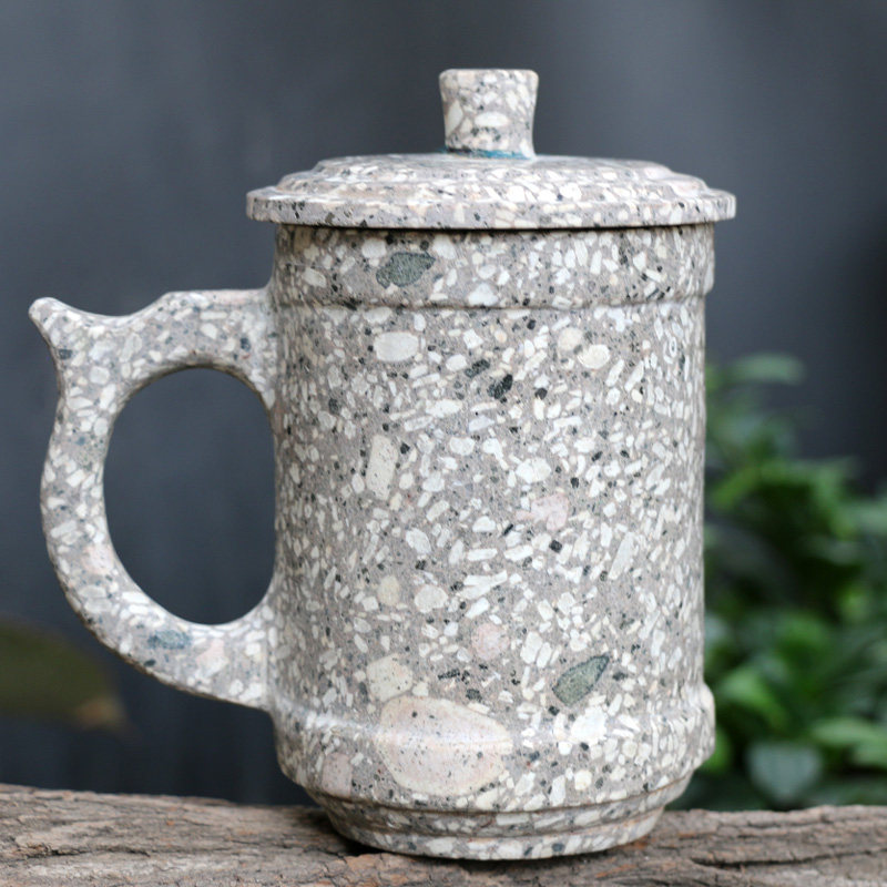 茶杯天然麦饭石杯子手工雕刻石头带盖水杯办公茶杯