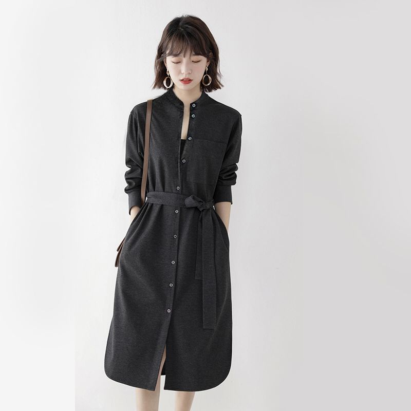 2022秋季新日系女装气质羊毛针织高级灰大码衬衫连衣裙女系带外套