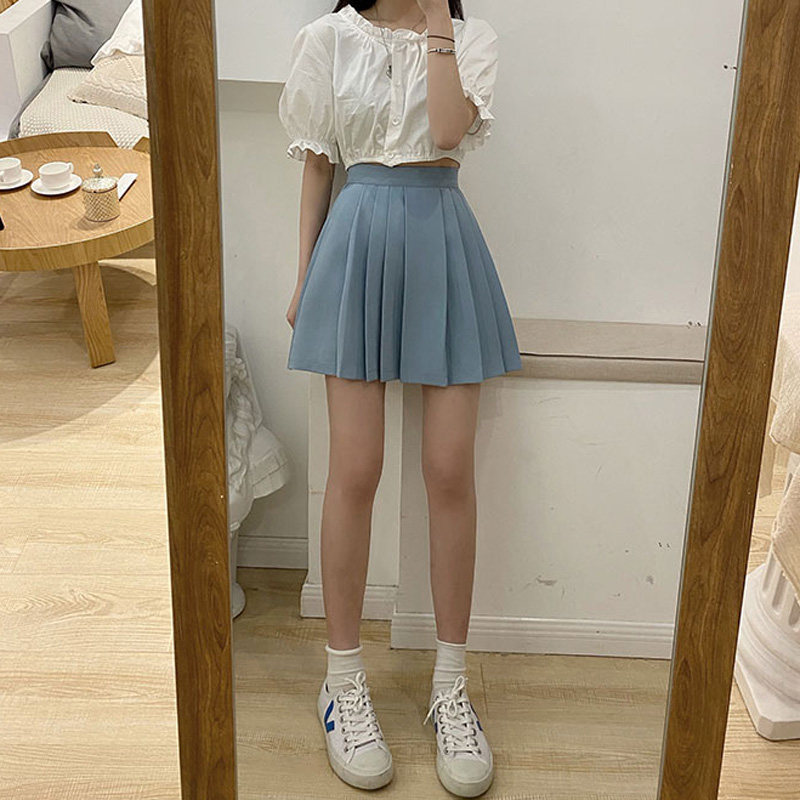 ins少女天蓝色短裙女小清新高腰显瘦淡蓝色百褶裙显腿长a字半身裙