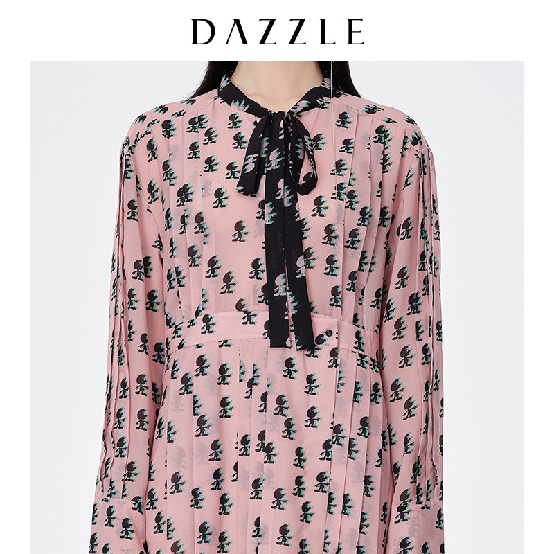 dazzle地素2020新款蓝精灵联名系列蝴蝶结百褶连衣裙连衣裙