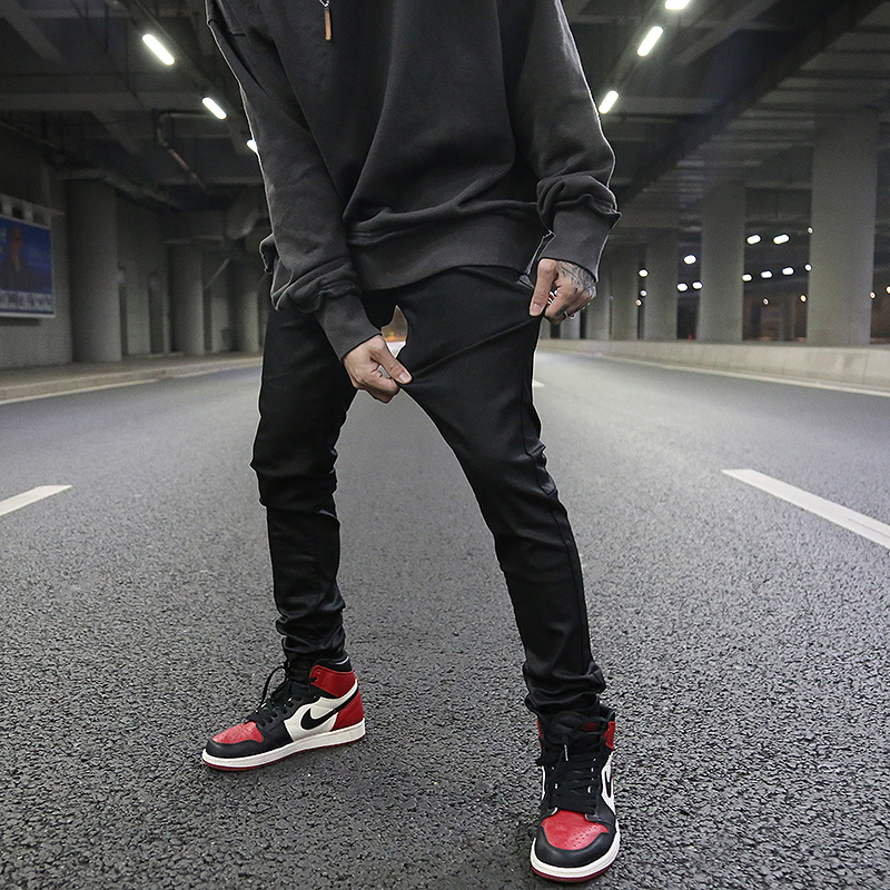 KANYE高街风蜡面黑色修身弹力小脚牛仔裤 基础四季百搭款潮男长裤