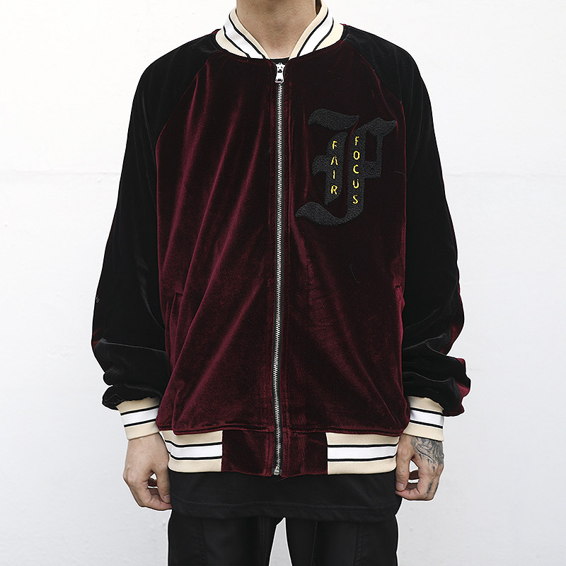 欧美高街风复古丝绒刺绣棒球服外套 fog美