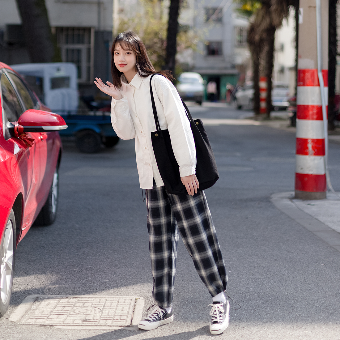 艺野系日系古着chic黑白格子裤女春秋宽松直筒裤显瘦学生哈伦裤