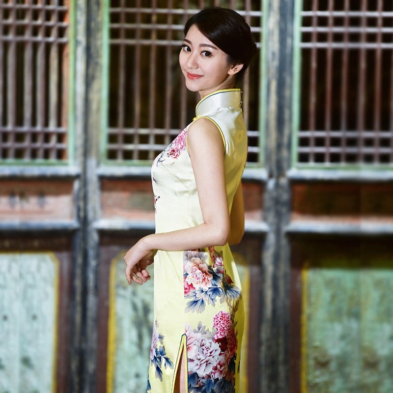 陶玉梅旗袍长款 修身改良真丝旗袍裙 桑蚕丝旗袍连衣裙h21q341