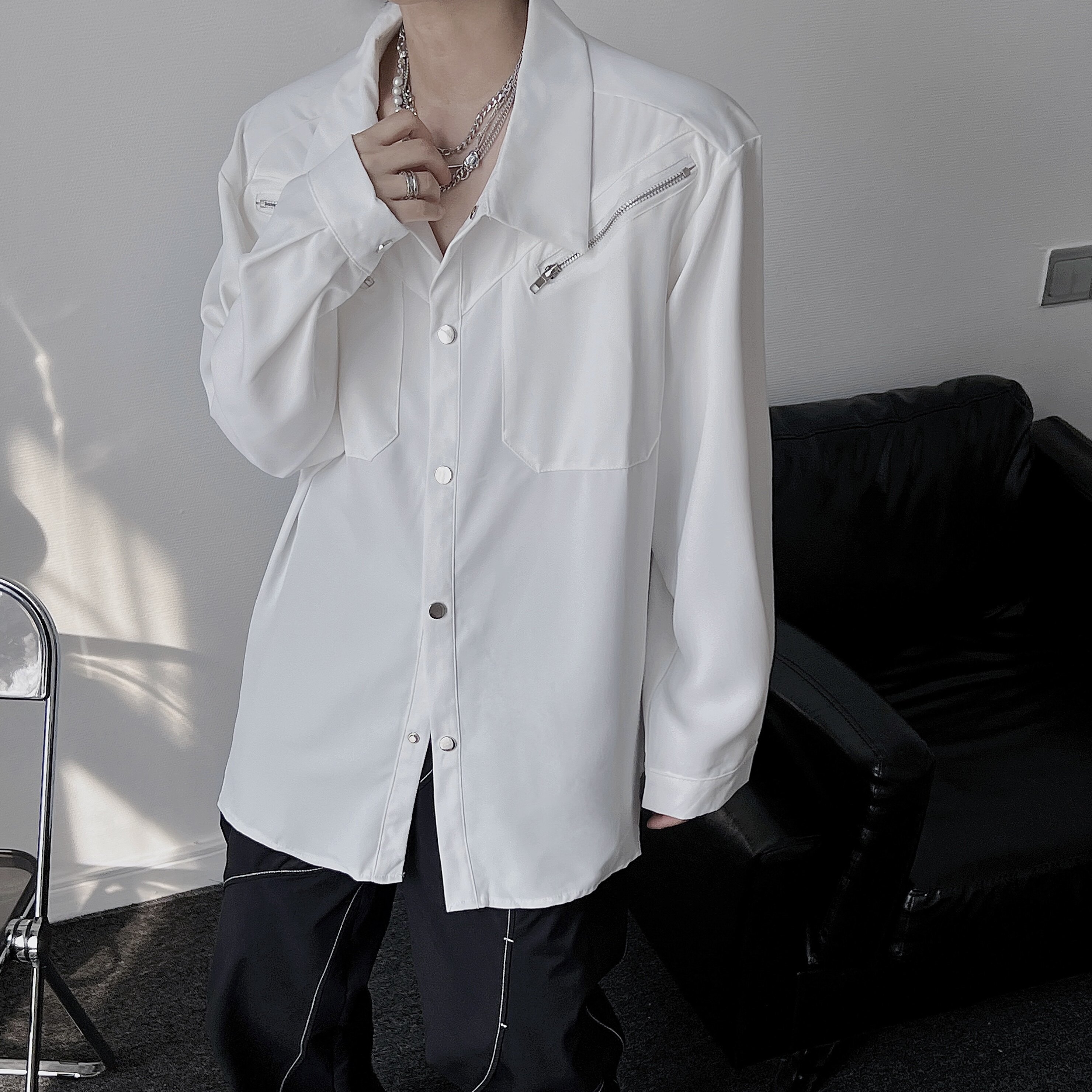 小众禁欲拉链衬衫2022男女纯色休闲流行设计衬衫