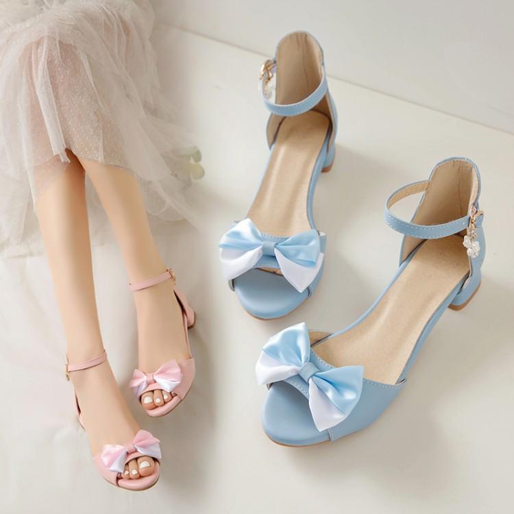 女童凉鞋夏季新款小女孩蝴蝶结儿童高跟韩版鱼嘴粗凉鞋