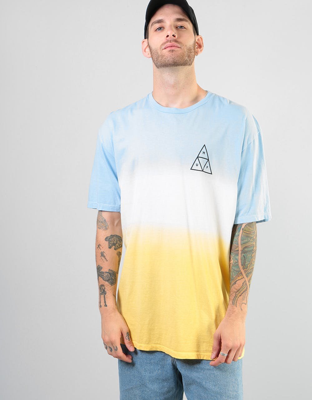 huf潮牌美式嘻哈滑板渐变变色三角印花情侣t恤