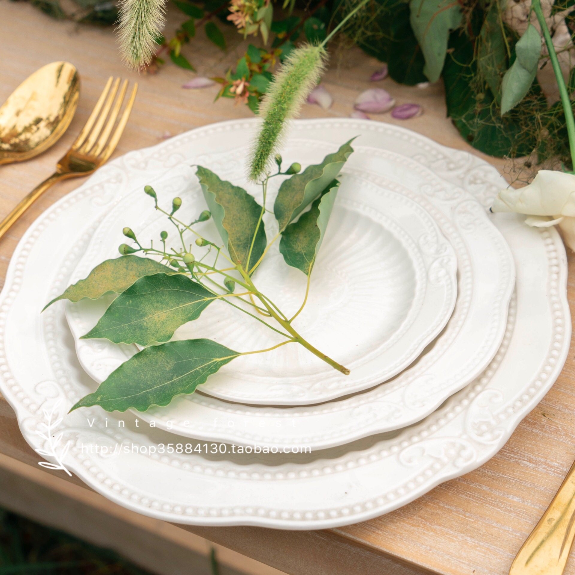 复古巴洛克浮雕白色陶瓷餐盘家用盘子婚庆花艺盘