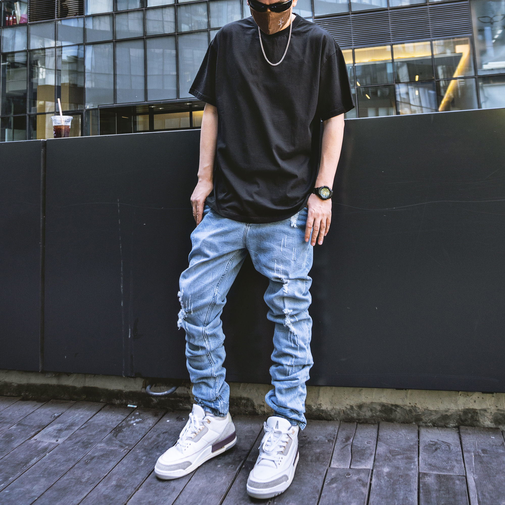 Toos.21AW 水洗刀割破坏补丁高街vibe小脚牛仔裤美式街头破洞长裤